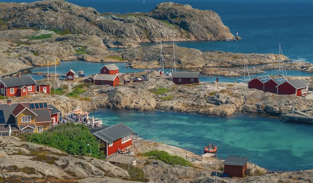 Typical Scandinavian houses along the Swedish east coast. The houses are traditionally used by fishermen.